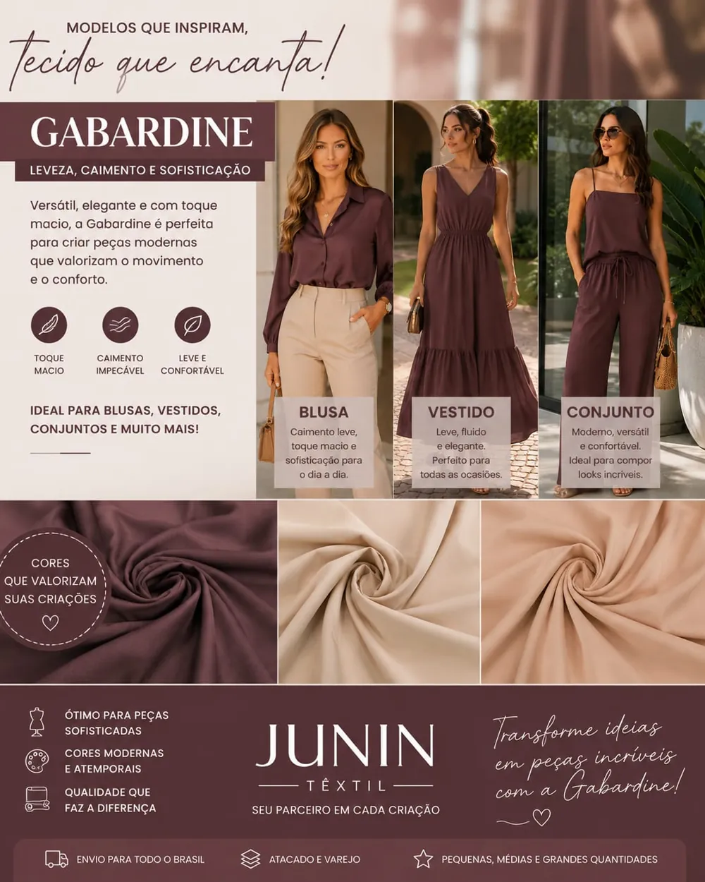 Gabardine — tecido vendido por metro na Junin Têxtil, Goiânia